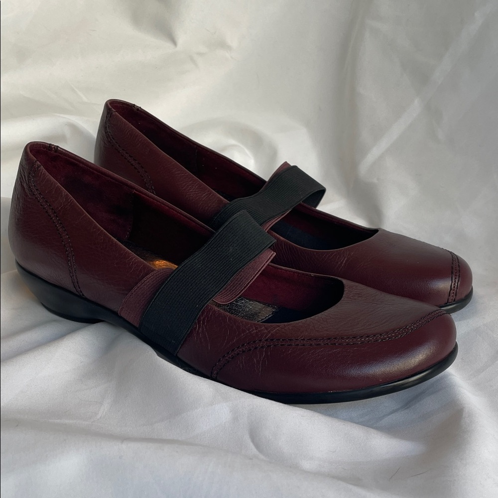 Reba Leather Mary Jane Flats w/ Double Elastic Straps for Comfort, Burgundy 8.5